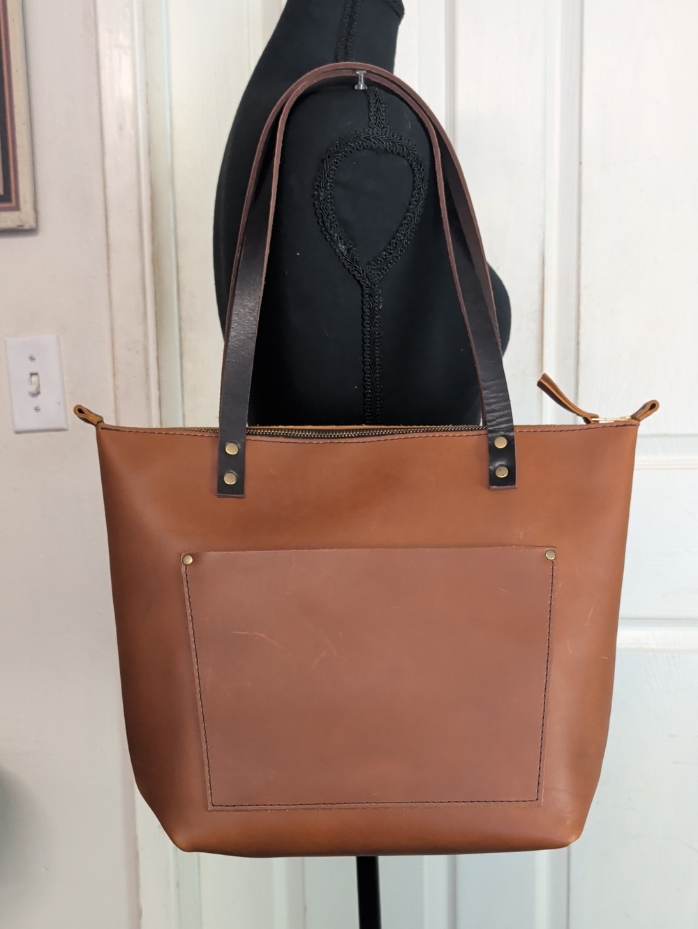 Portland Leather Goods Large Leather Zip Tote Bag Cognac Brown
